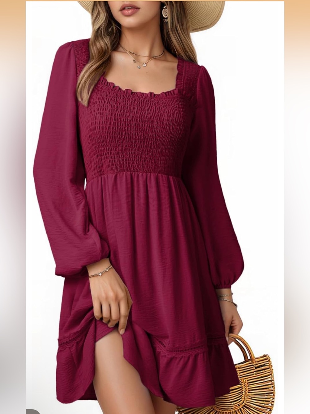 Burgundy Smocked Square Neck Tiered Babydoll Dress XL
